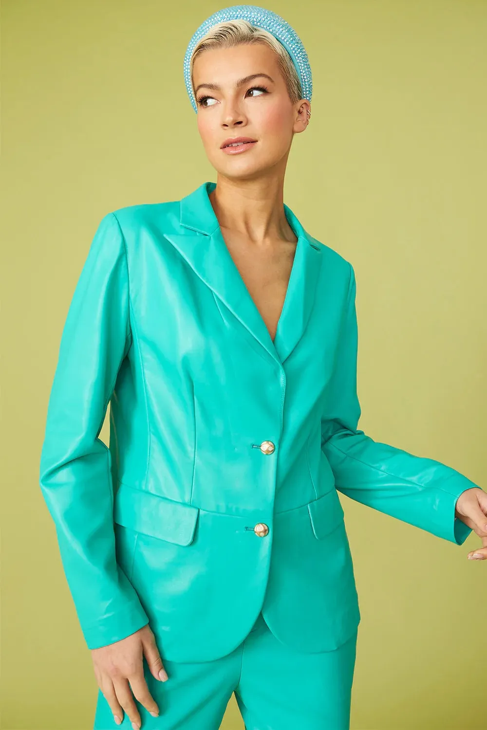 Green Tencel Rayon Blend Leather Blazer