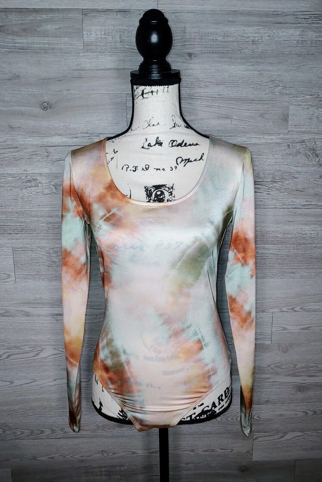 Guess Prism Tie Dye Long Sleeve Thong Bodysuit, Scoop Neck Size Medium