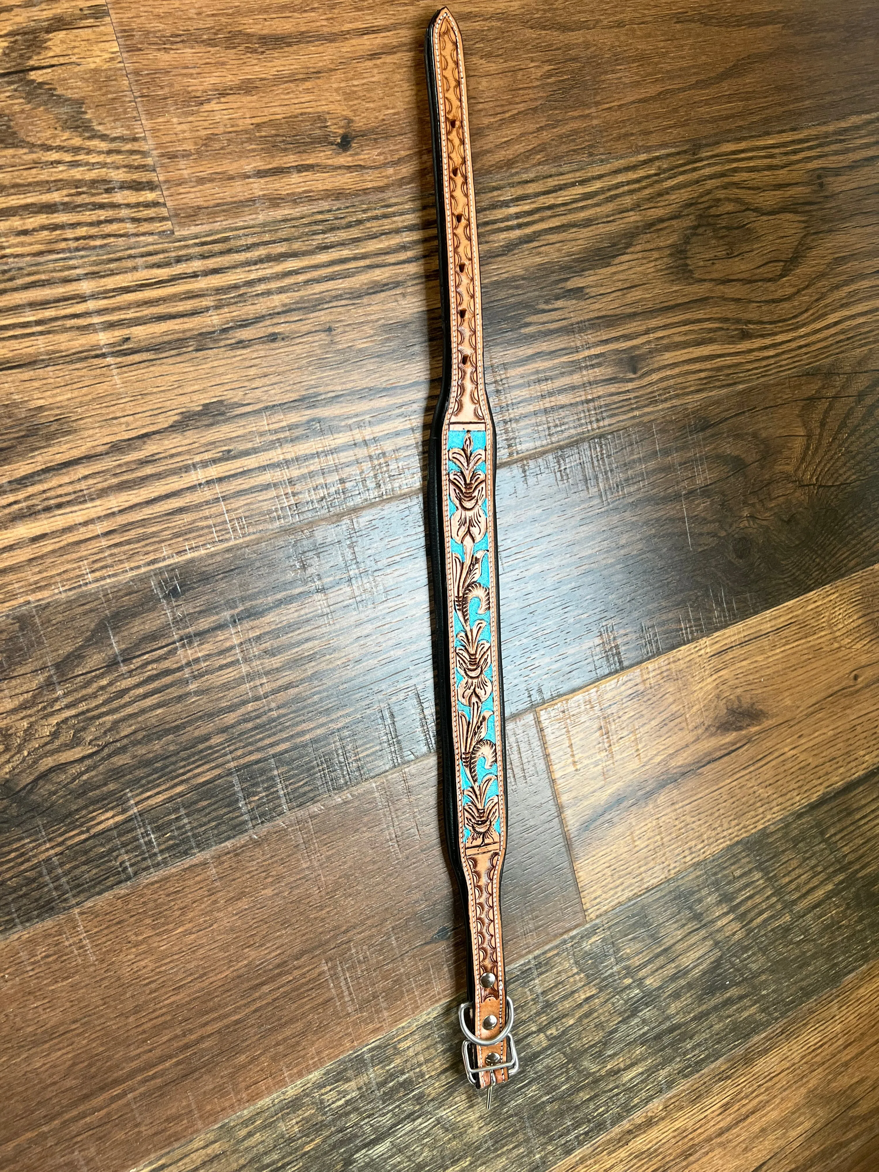 Handcrafted Padded Leather Tooled Dog Collar with Blue Accents