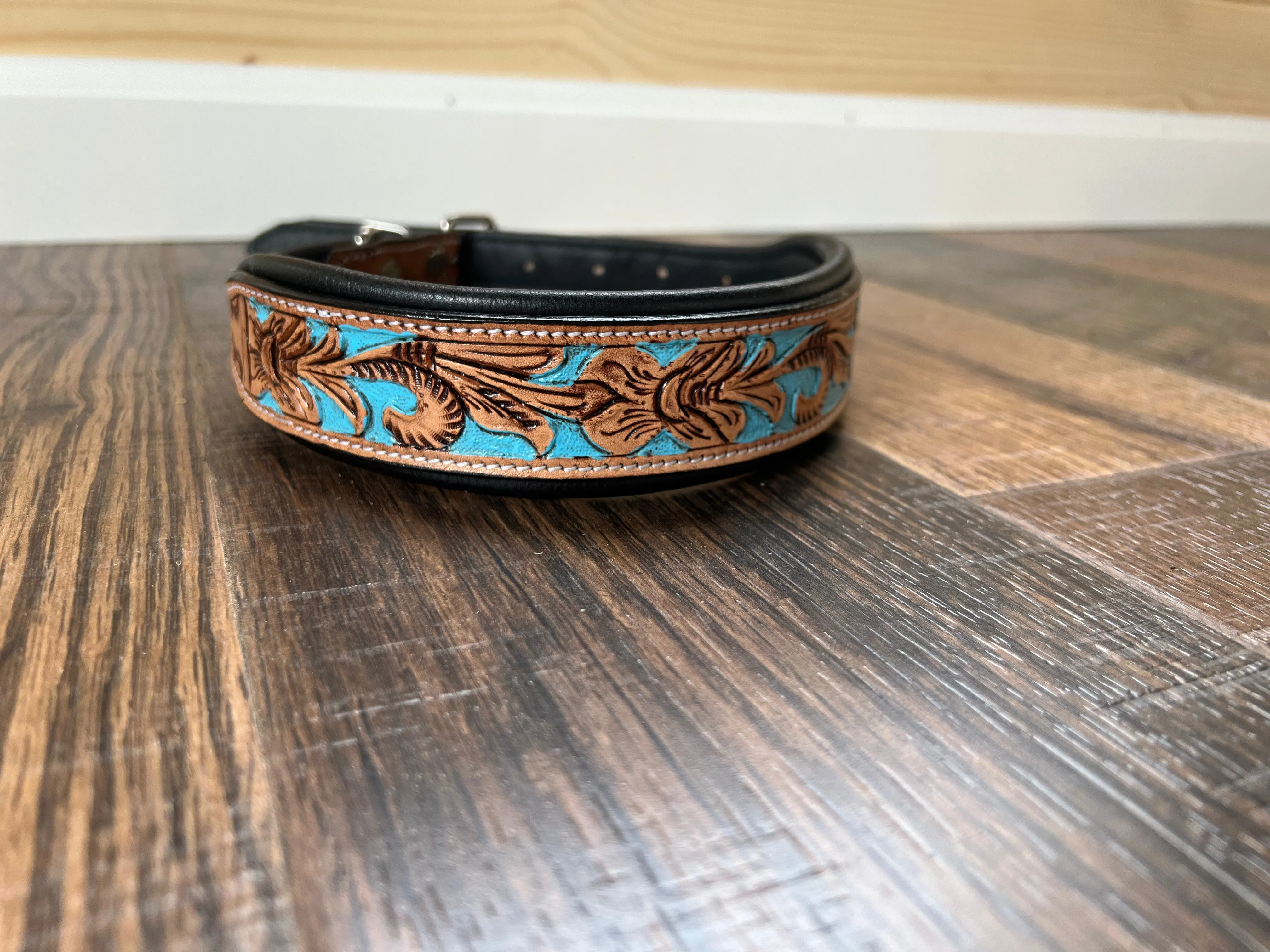 Handcrafted Padded Leather Tooled Dog Collar with Blue Accents