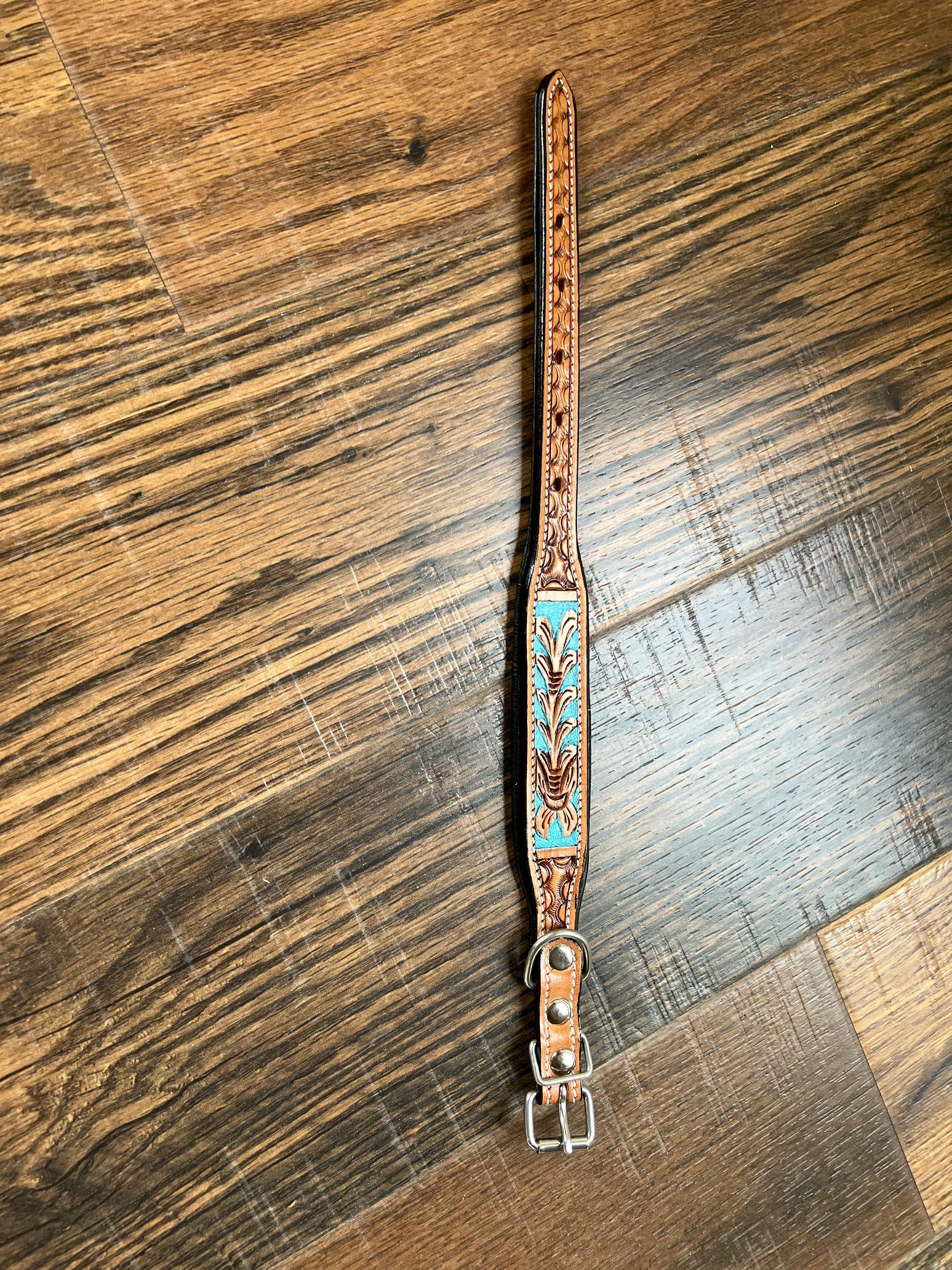 Handcrafted Padded Leather Tooled Dog Collar with Blue Accents