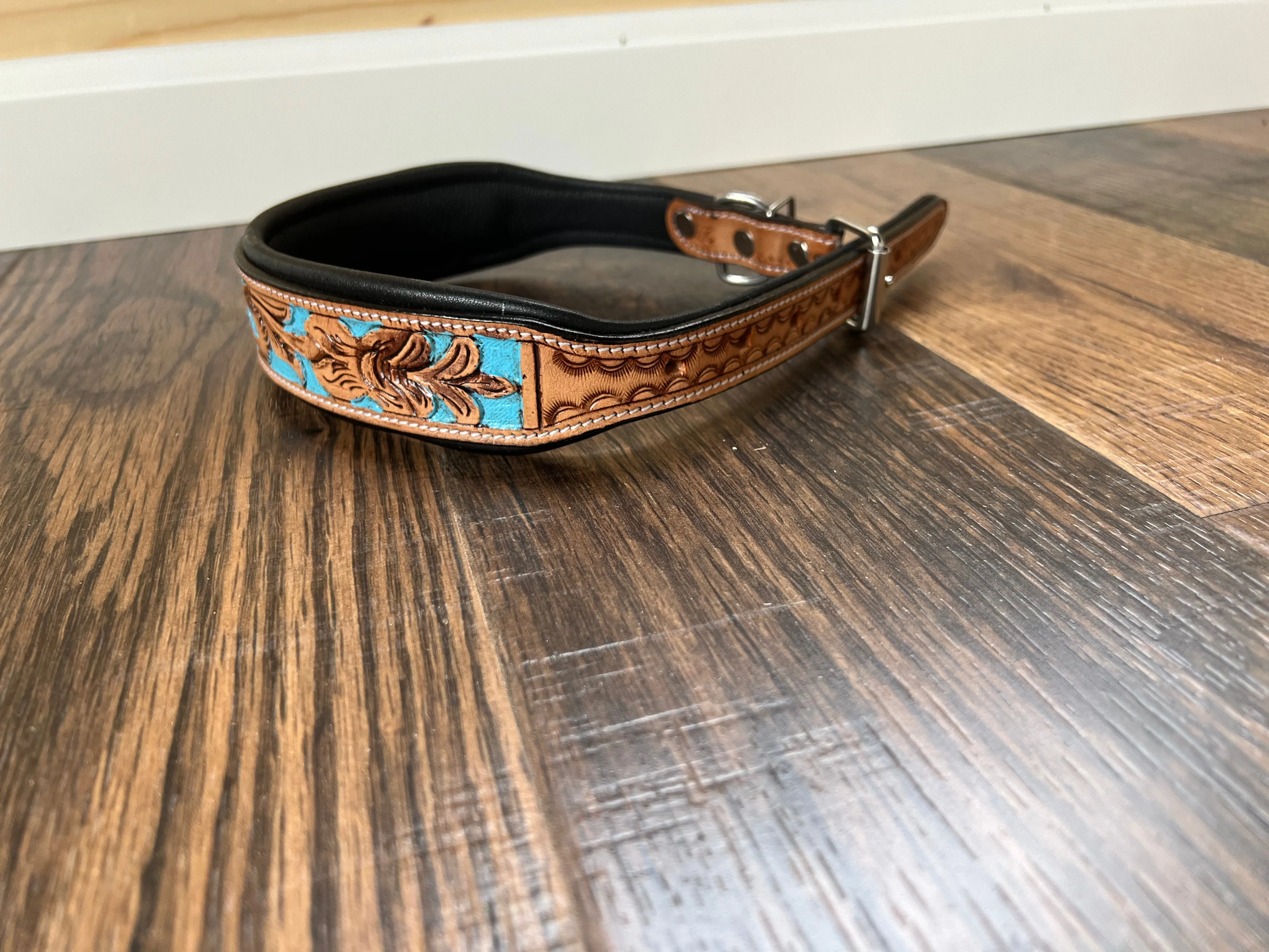 Handcrafted Padded Leather Tooled Dog Collar with Blue Accents