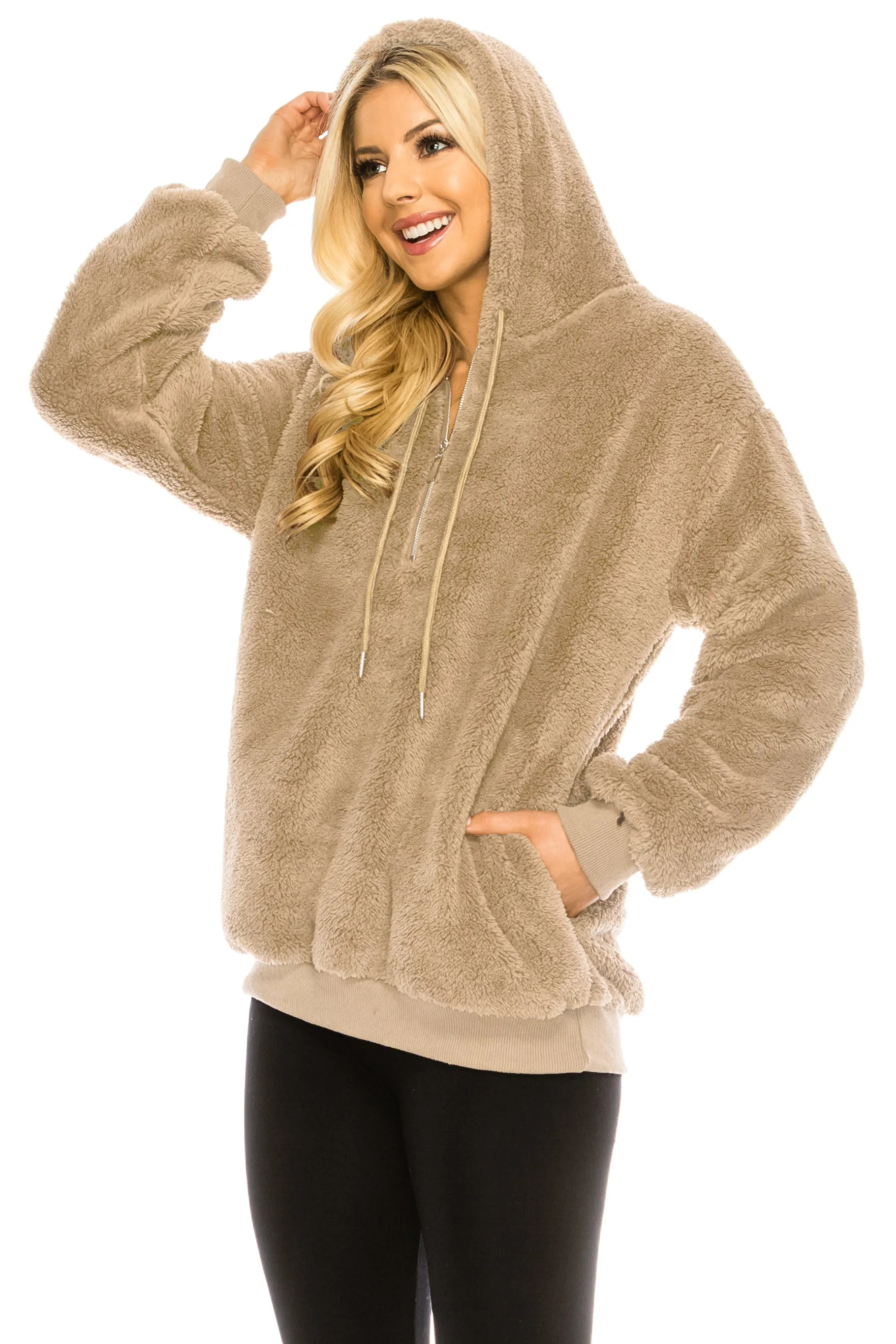 Haute Edition Women's Colorblock and Solid 1/4 Zip Sherpa Hoodie