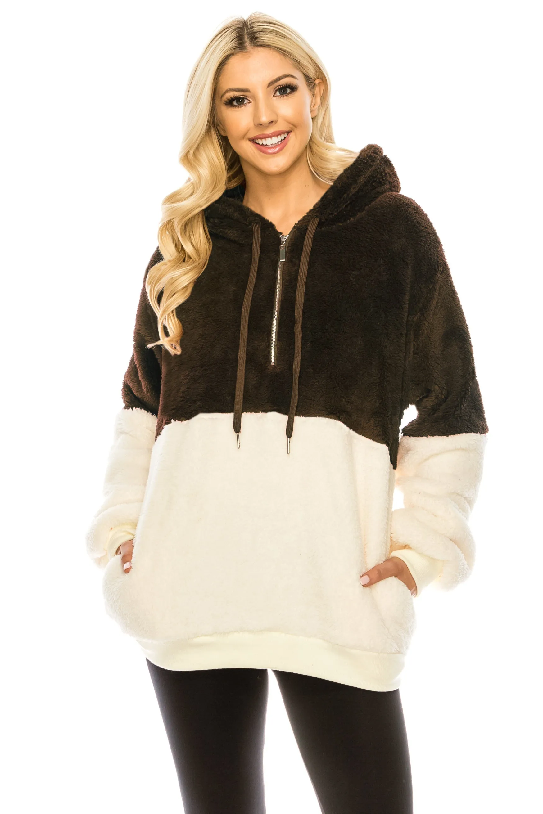 Haute Edition Women's Colorblock and Solid 1/4 Zip Sherpa Hoodie