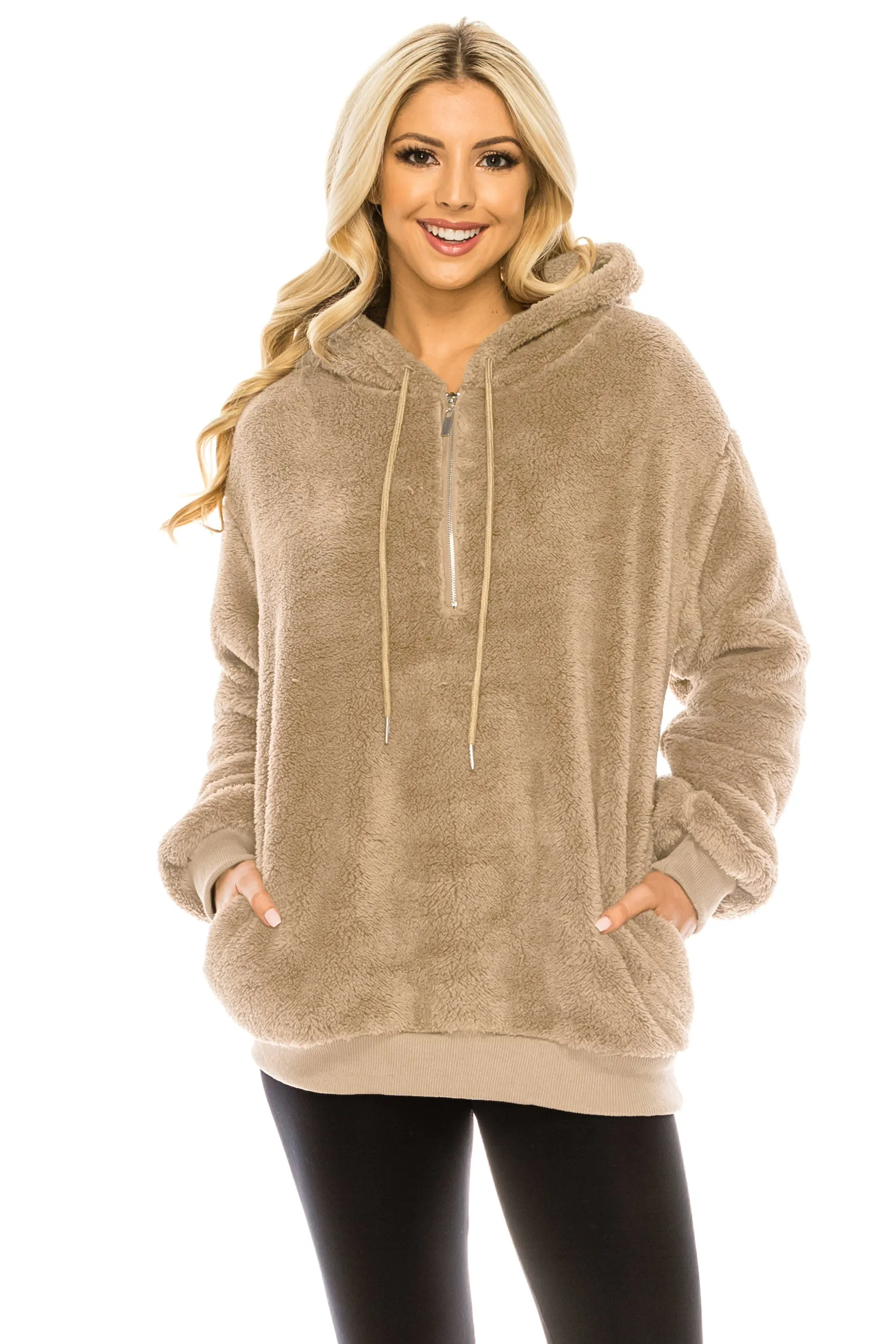 Haute Edition Women's Colorblock and Solid 1/4 Zip Sherpa Hoodie