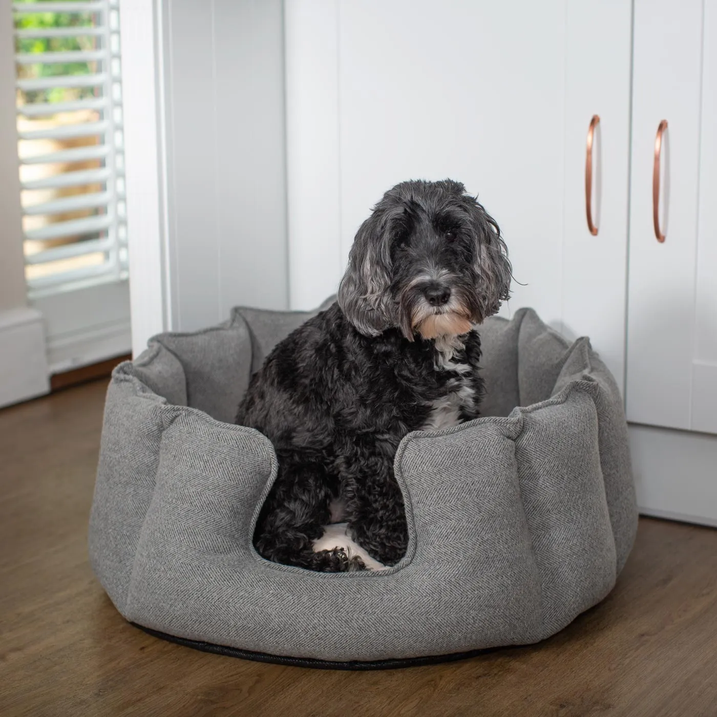 High Wall Bed With Removable Covers in Pewter Herringbone Tweed by Lords & Labradors