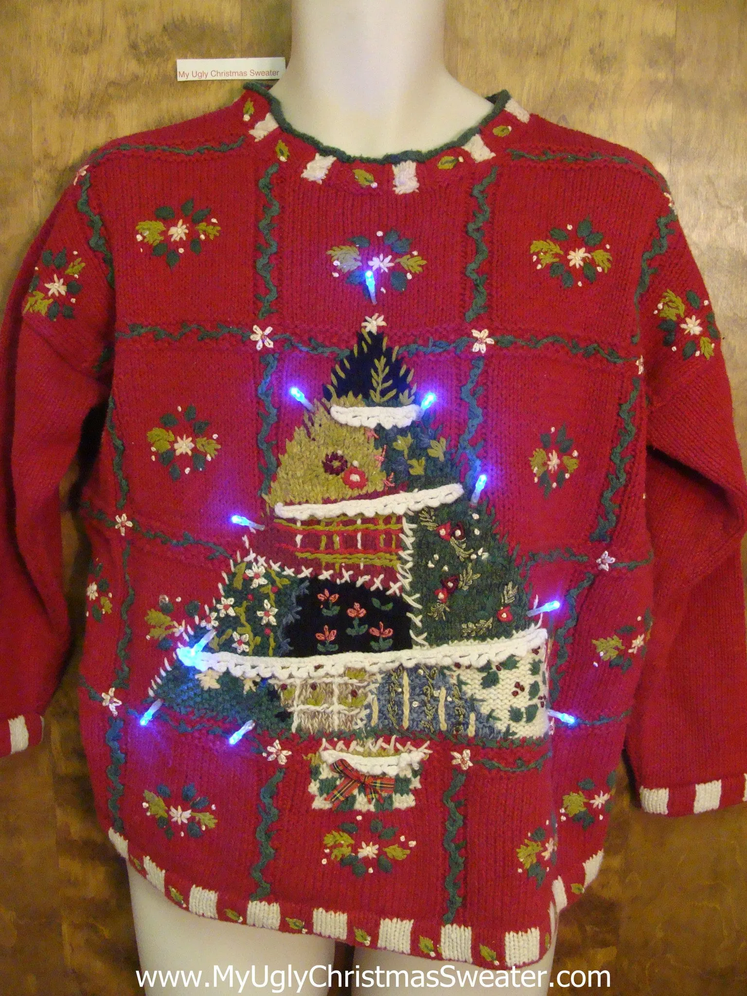 Horrible Patchwork Tree Light Up Ugly Xmas Sweater