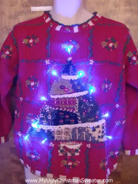 Horrible Patchwork Tree Light Up Ugly Xmas Sweater