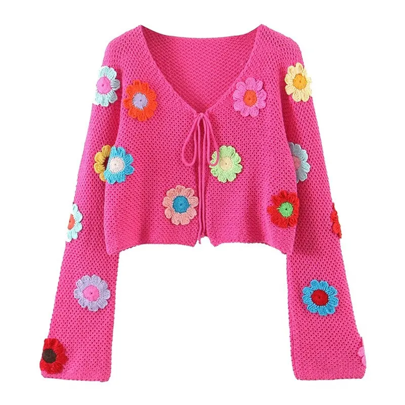 Hot Pink Crochet Cardigan With Multi Colored Daisies Boho Tie Front Festival Sweater With Embroidery Flowers One Size See Our Matching Skirts And Hats!