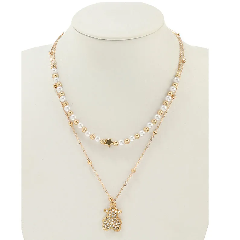 JAN44196 - Rhinestone Teddy Bear Pearl Layered Necklace