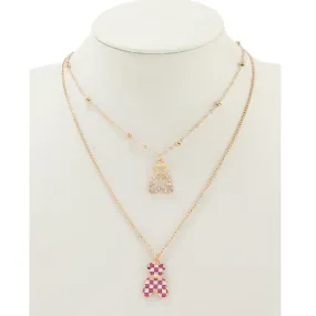 JAN44236 - Enamel Checkered Teddy Bear Layered Necklace