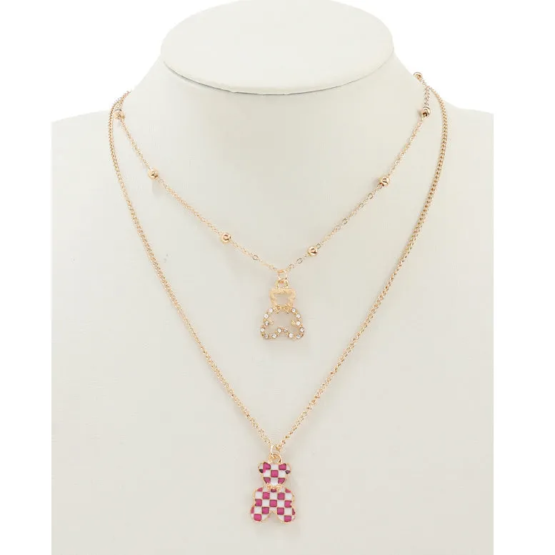 JAN44236 - Enamel Checkered Teddy Bear Layered Necklace