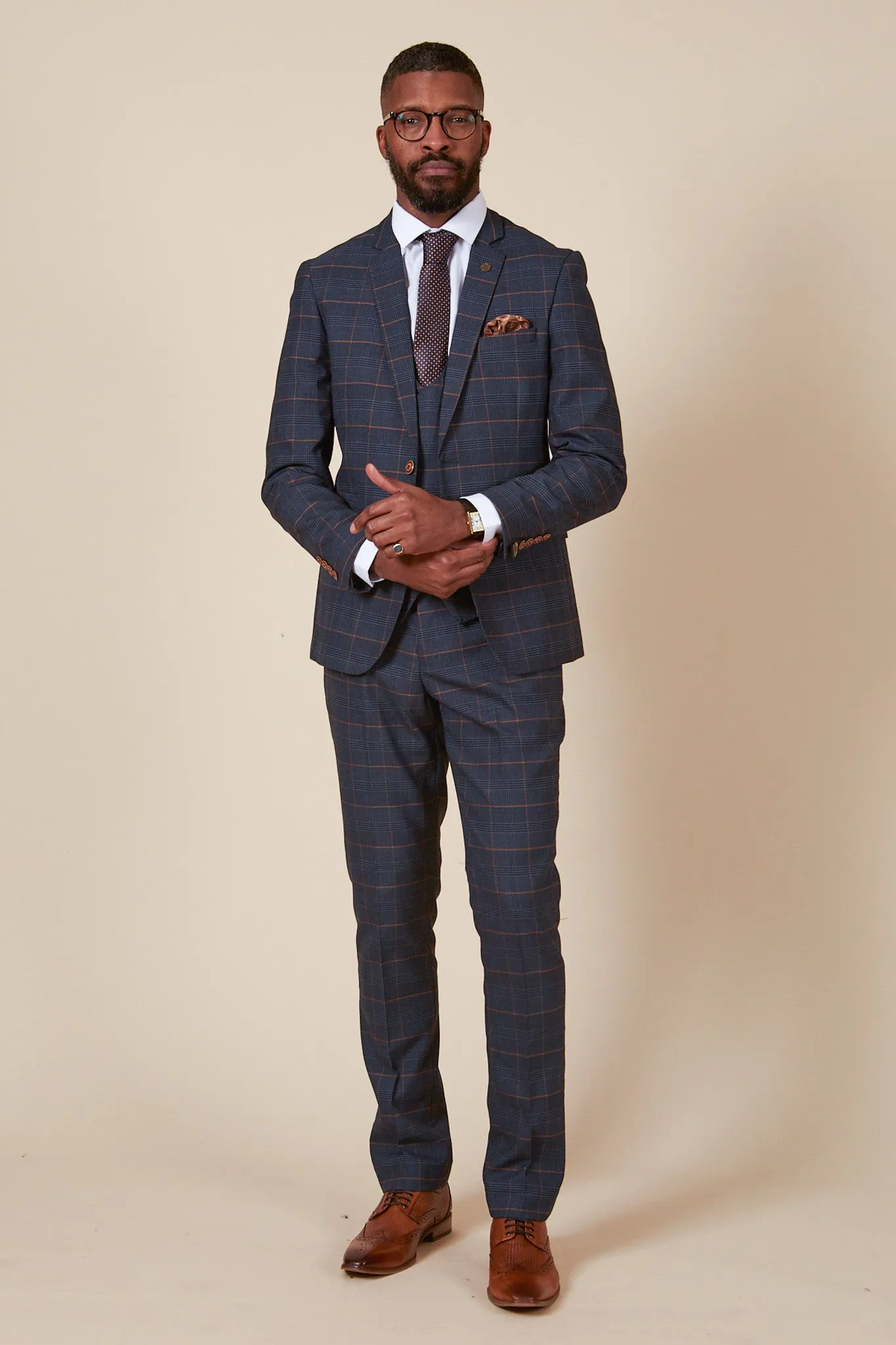 JENSON - Marine Navy Check Suit With Double Breasted Waistcoat