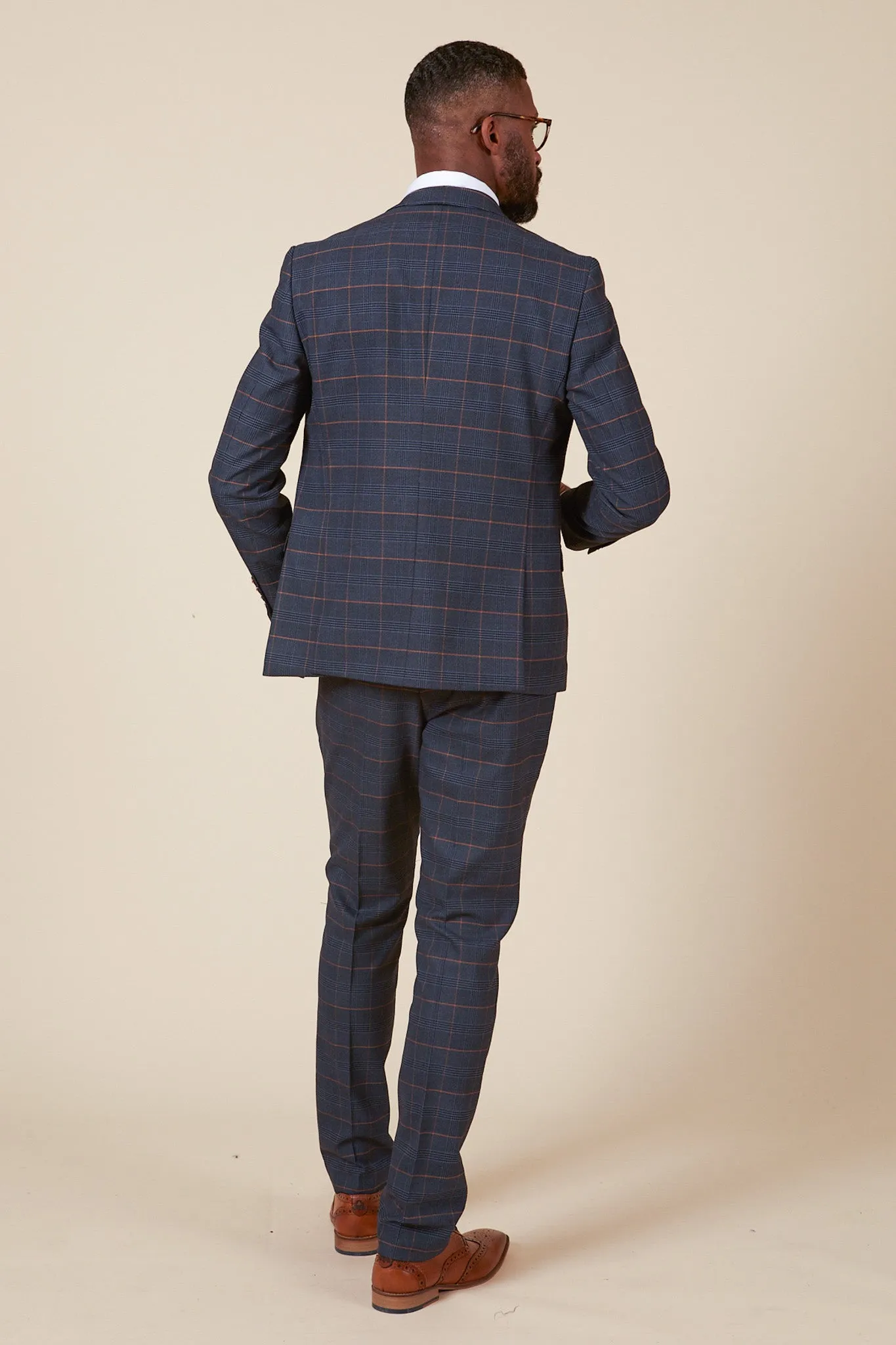 JENSON - Marine Navy Check Suit With Double Breasted Waistcoat