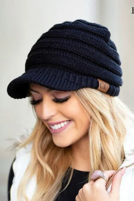 JT- {Black & Mushroom} Knit Brimmed Beanie