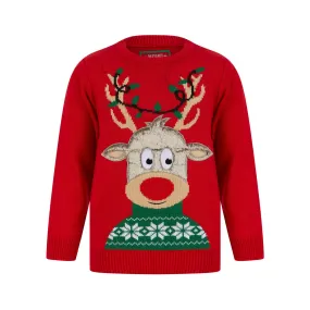 Kids LED Faux Fur Rudolph Christmas Jumper Light Up