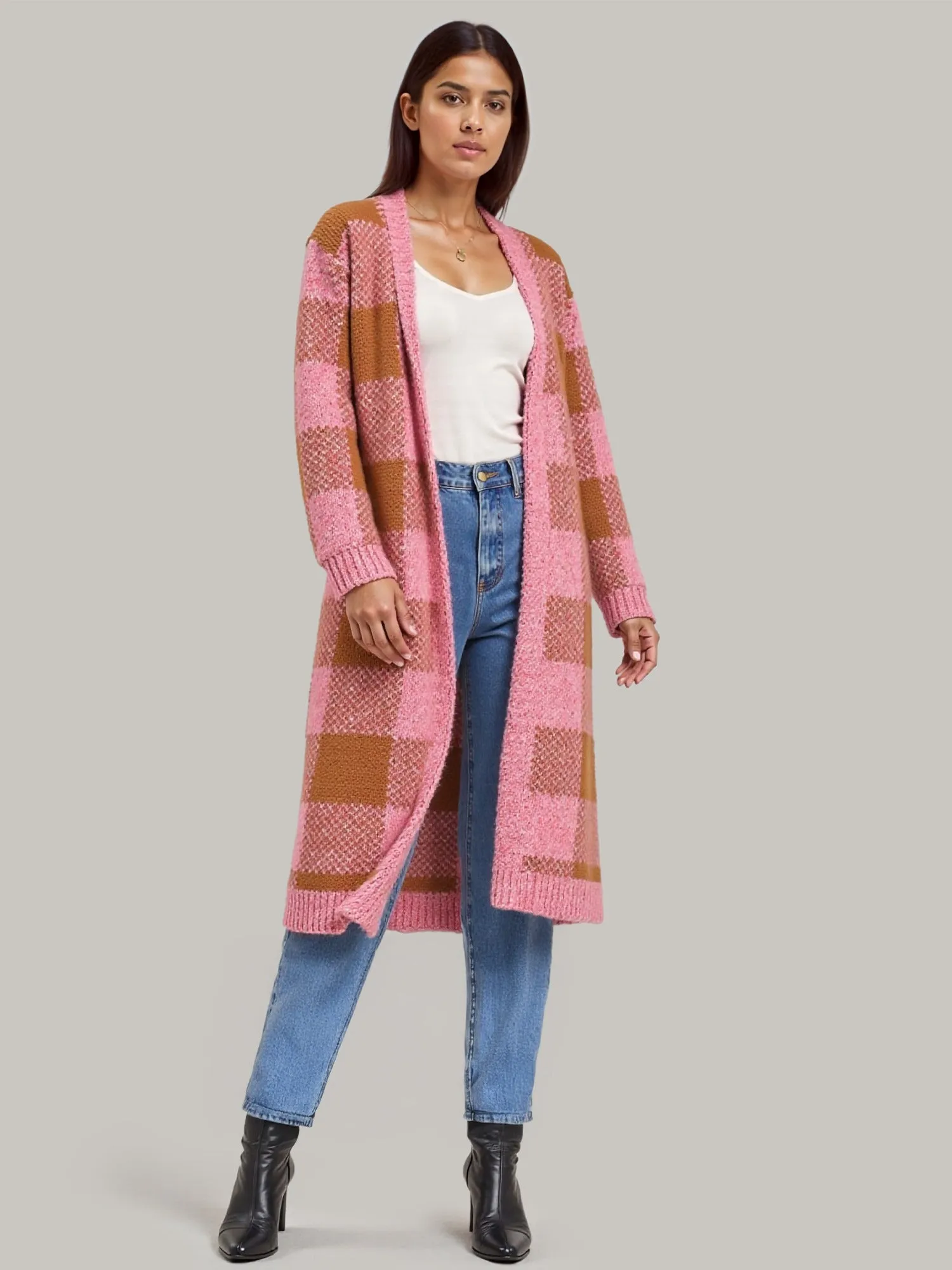 Knit Plaid Cardigan with Solid Hem Contrast