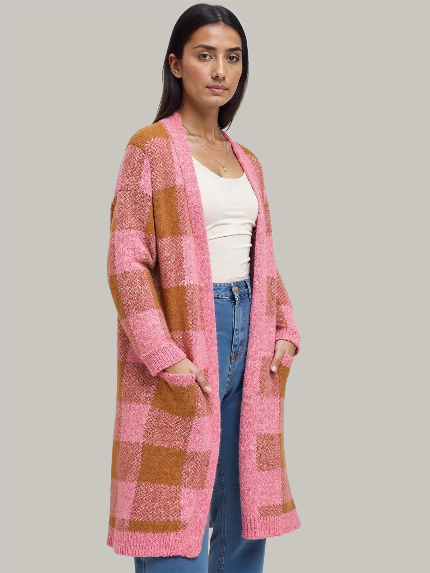 Knit Plaid Cardigan with Solid Hem Contrast