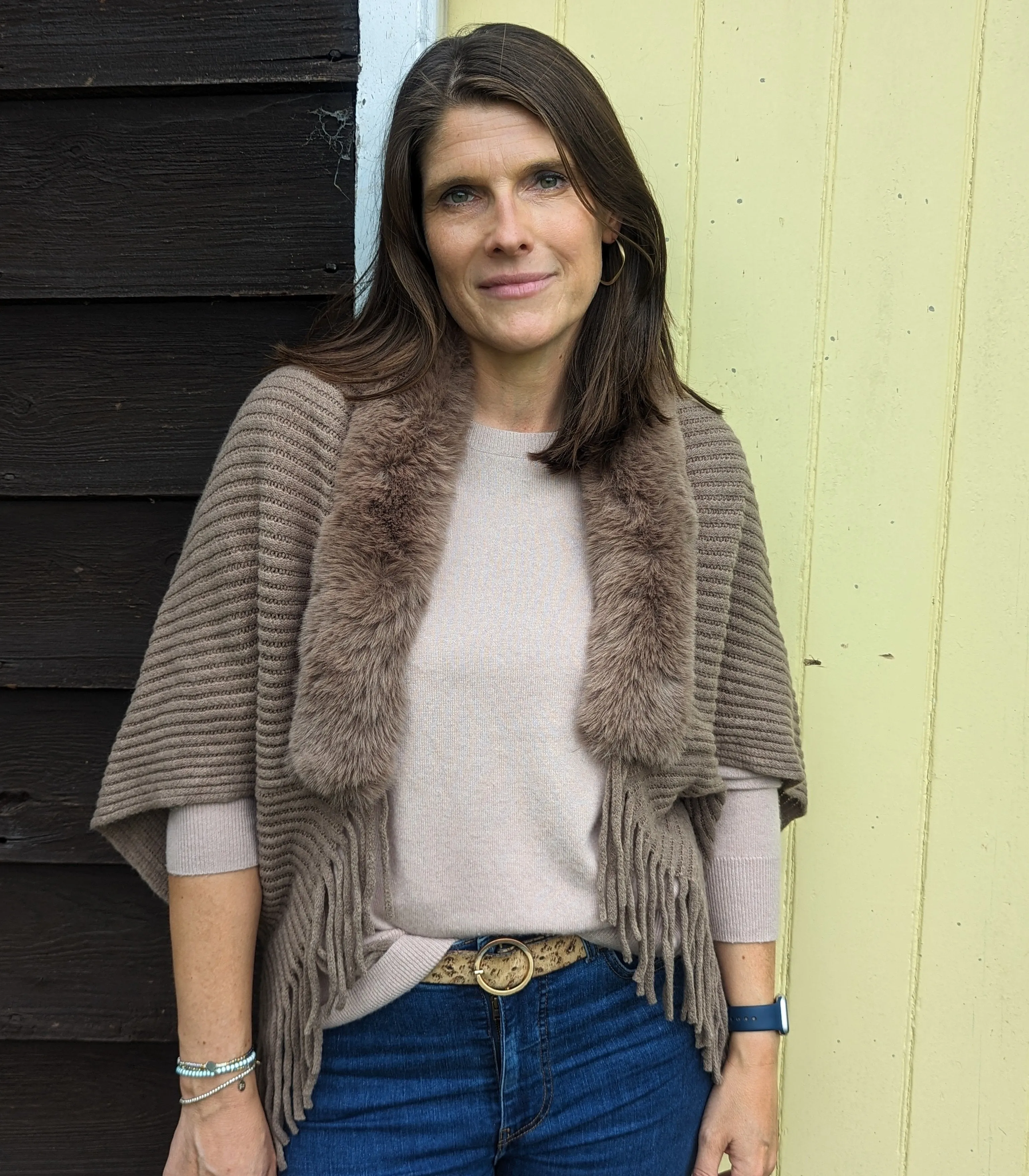 Knitted Shrug with Faux Fur Collar - Natural Tan