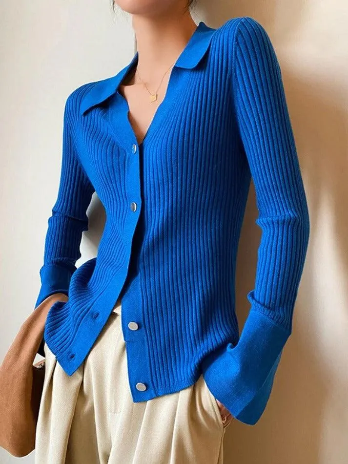 LANFUBEISI - Solid Color Ribbed Metal Button V Neck Cardigan