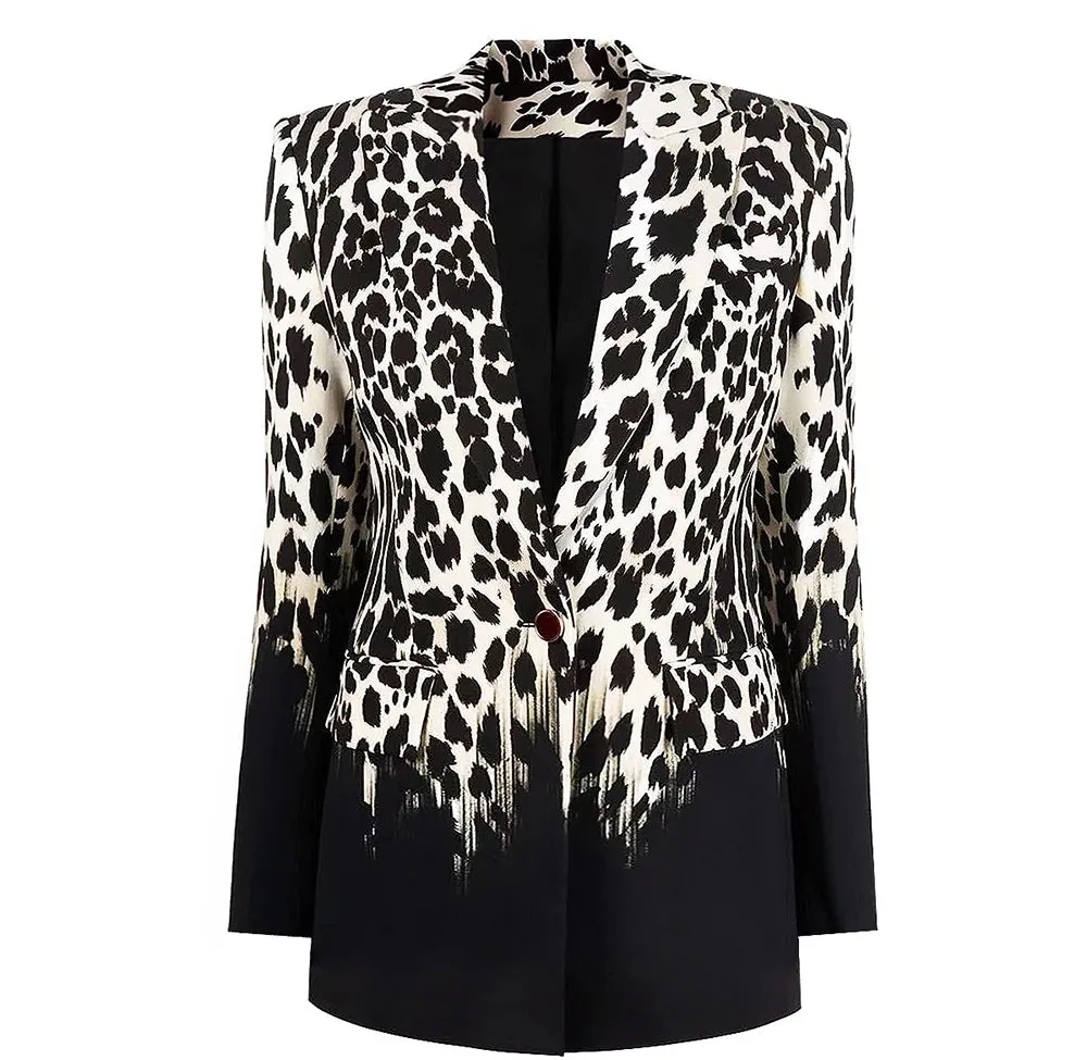 Leopard Printing Chic Notched Collar Long Sleeve Patchwork Single Button Blazer