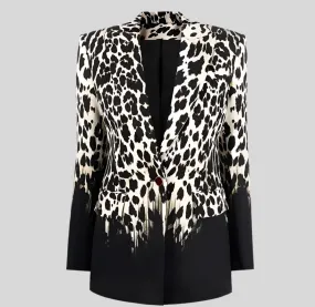 Leopard Printing Chic Notched Collar Long Sleeve Patchwork Single Button Blazer