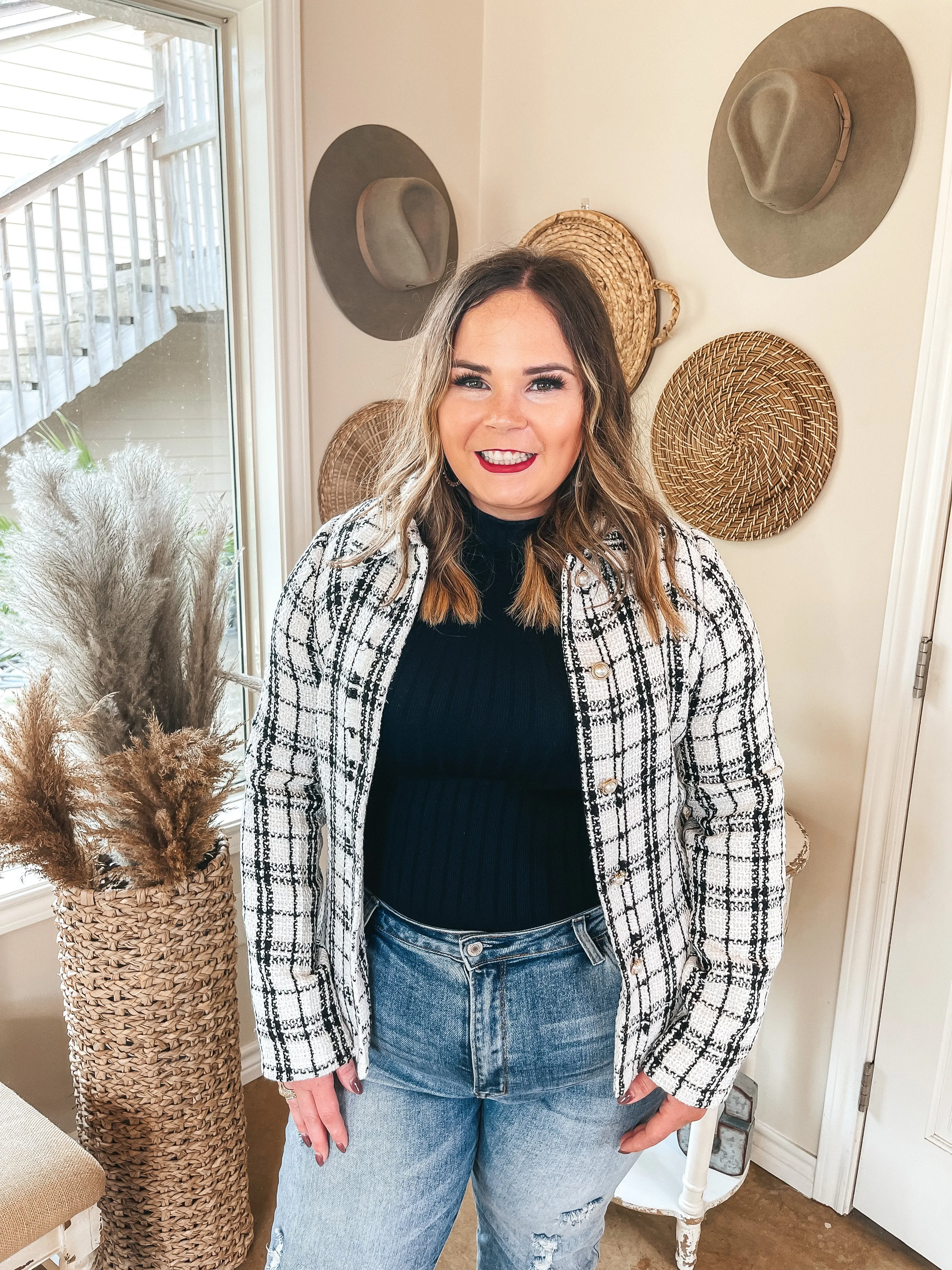 London Bridge Plaid Tweed Blazer in Ivory and Black