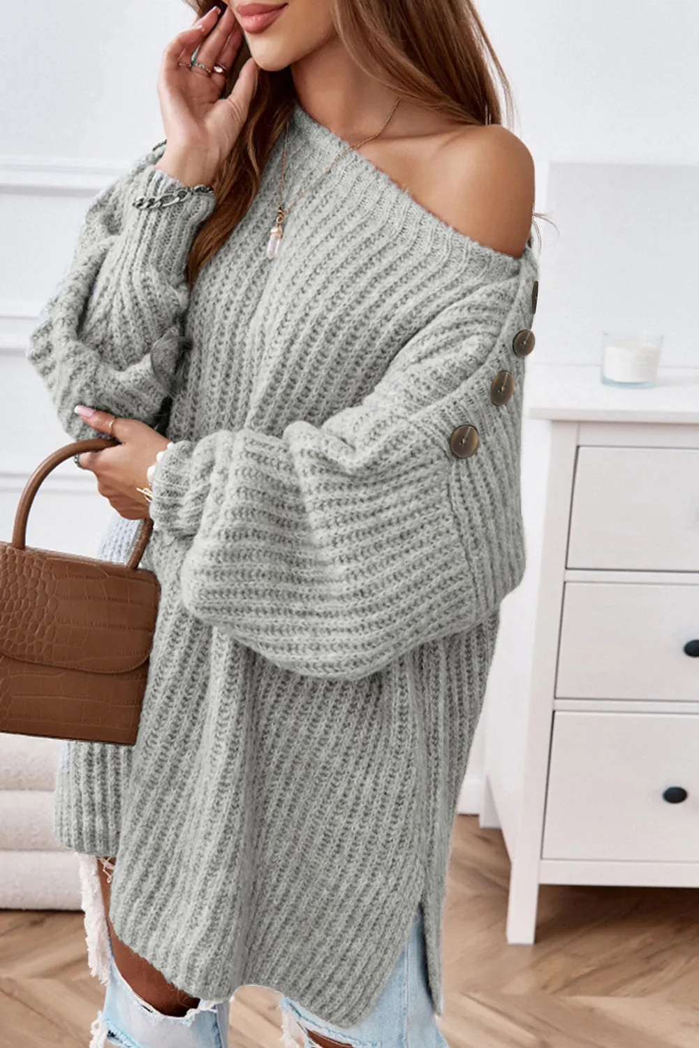 Long Buttoned Boat Neck Side Slit Sweater