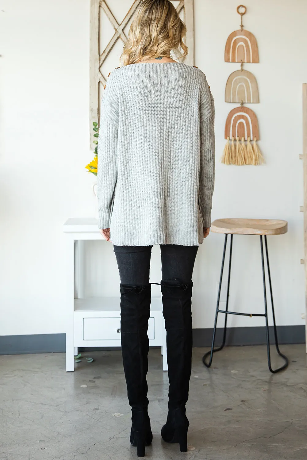 Long Buttoned Boat Neck Side Slit Sweater