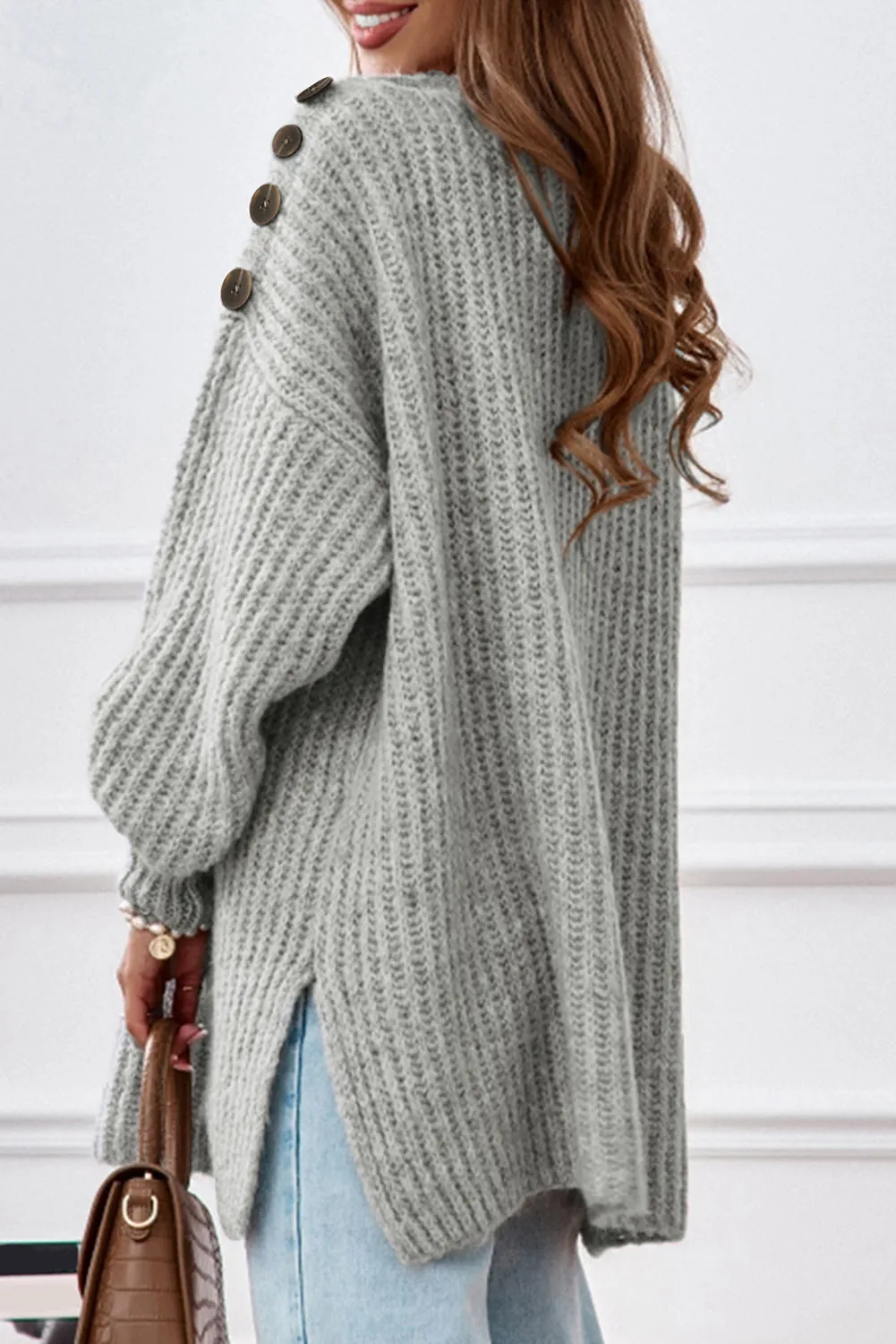 Long Buttoned Boat Neck Side Slit Sweater