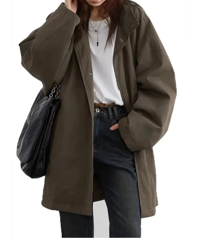 Long Single Breasted Cotton Solid Loose Coat