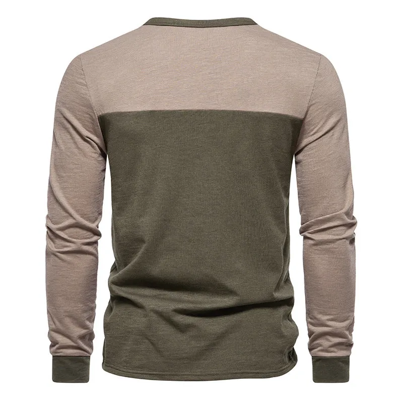 Men Crewneck Buttons Bicolor Long Sleeves T-Shirt