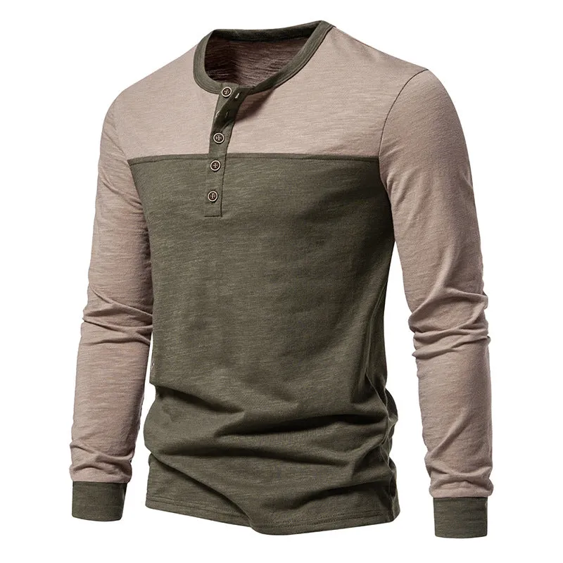 Men Crewneck Buttons Bicolor Long Sleeves T-Shirt