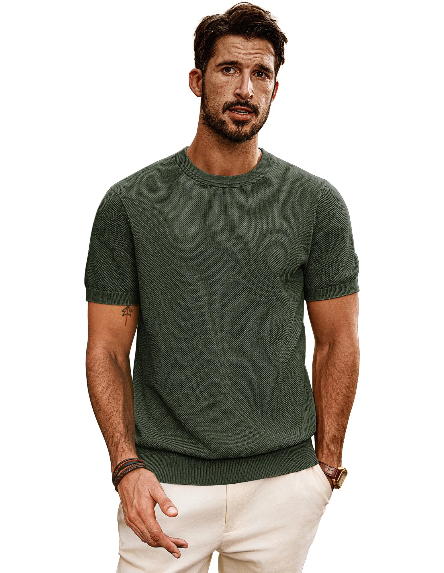 Men Textured Knitted T-Shirt Short Sleeve Crew Neck Ribbed Cuff Tops Knitwear