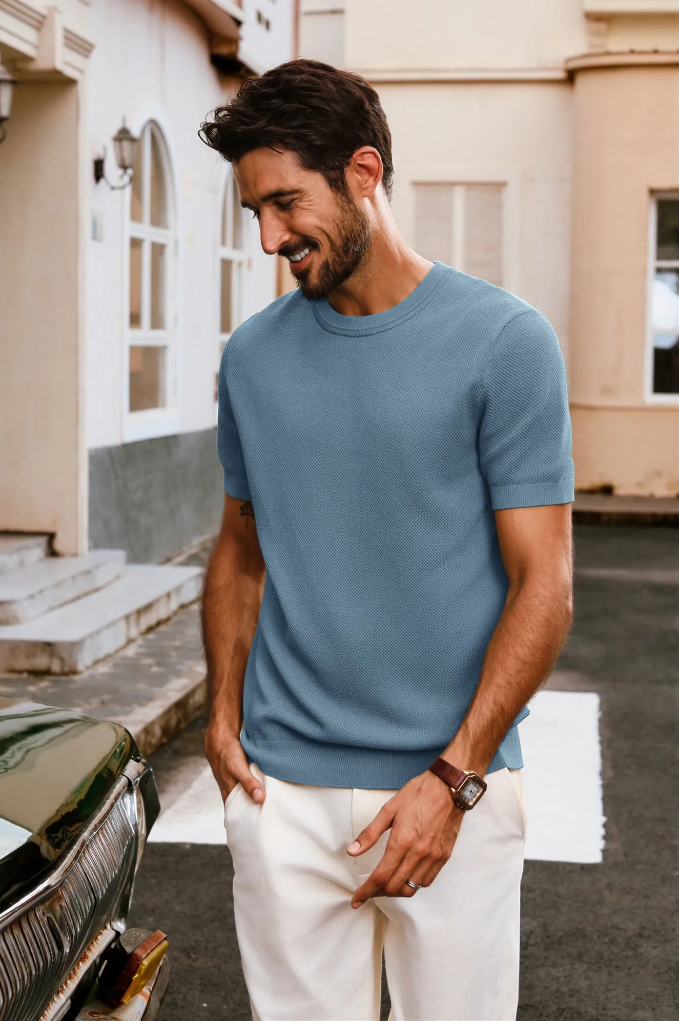 Men Textured Knitted T-Shirt Short Sleeve Crew Neck Ribbed Cuff Tops Knitwear