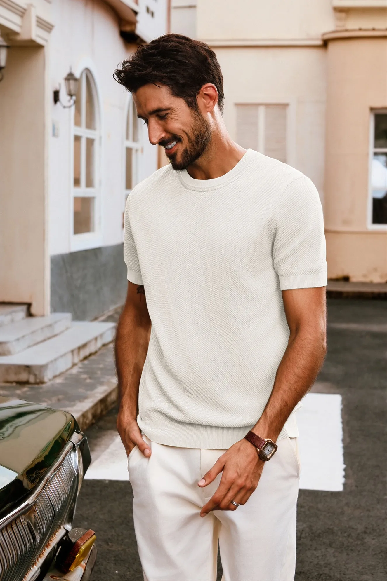 Men Textured Knitted T-Shirt Short Sleeve Crew Neck Ribbed Cuff Tops Knitwear