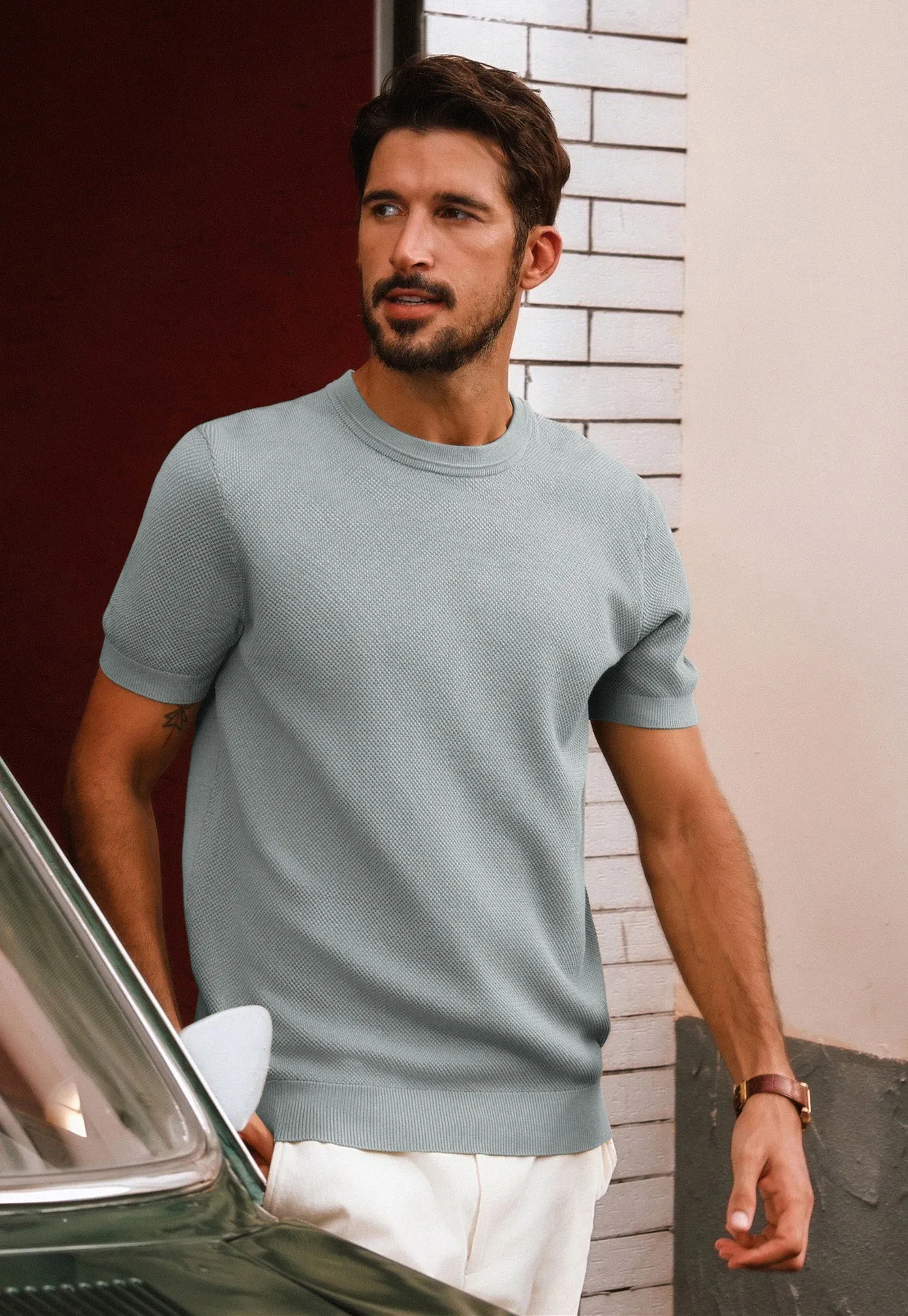 Men Textured Knitted T-Shirt Short Sleeve Crew Neck Ribbed Cuff Tops Knitwear