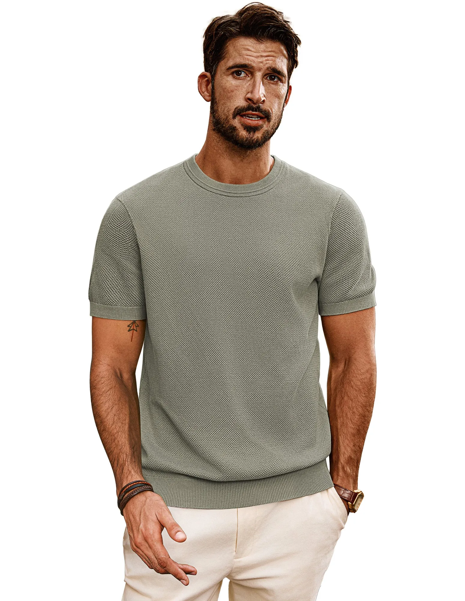 Men Textured Knitted T-Shirt Short Sleeve Crew Neck Ribbed Cuff Tops Knitwear