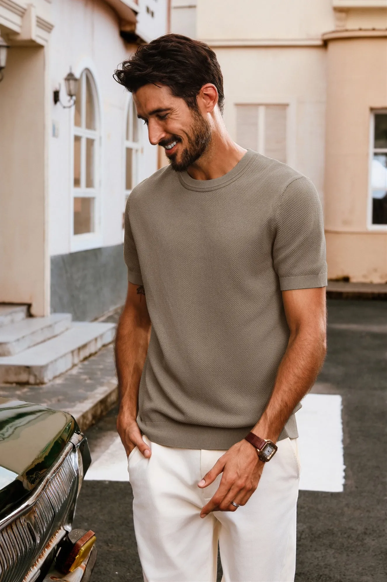 Men Textured Knitted T-Shirt Short Sleeve Crew Neck Ribbed Cuff Tops Knitwear