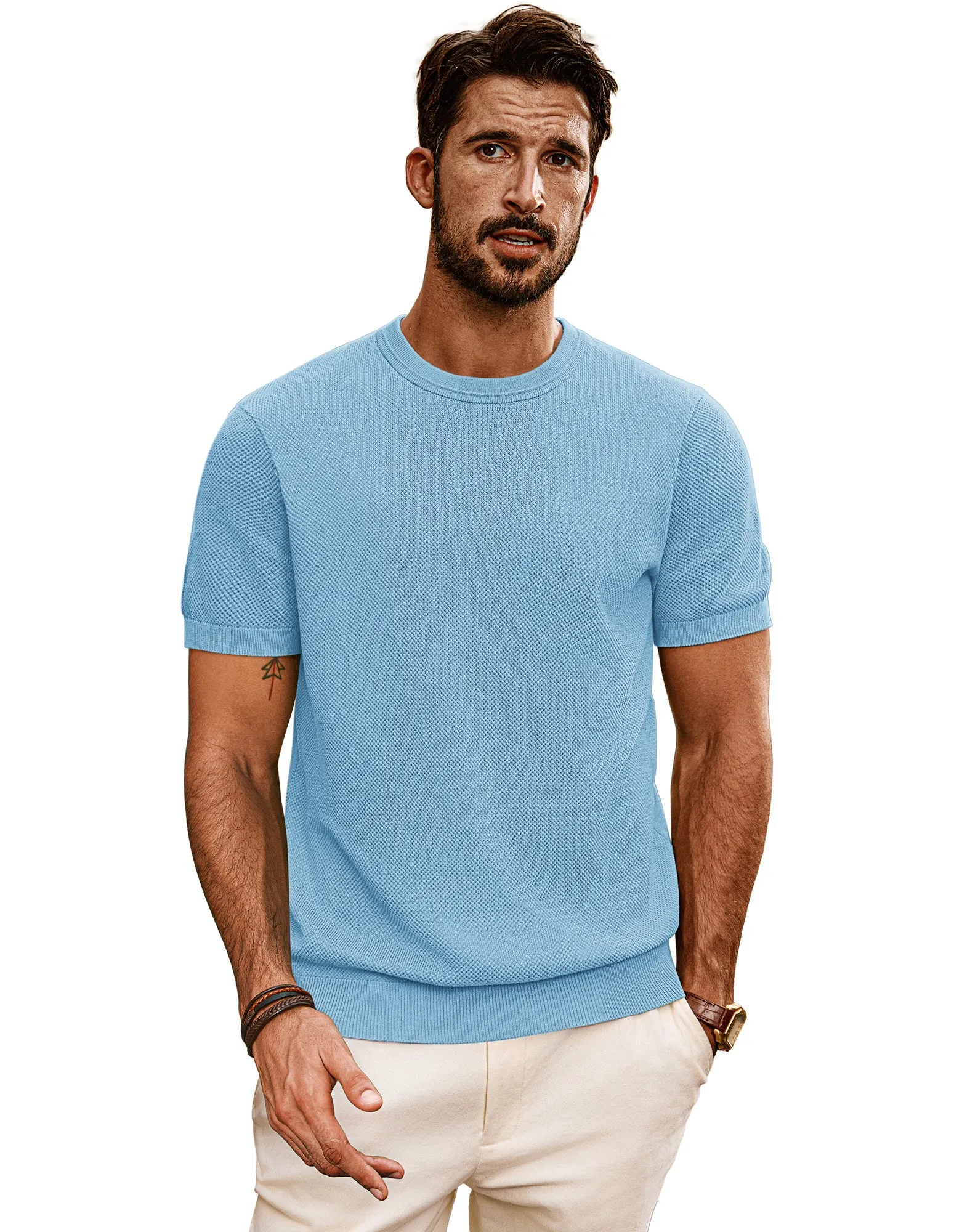 Men Textured Knitted T-Shirt Short Sleeve Crew Neck Ribbed Cuff Tops Knitwear