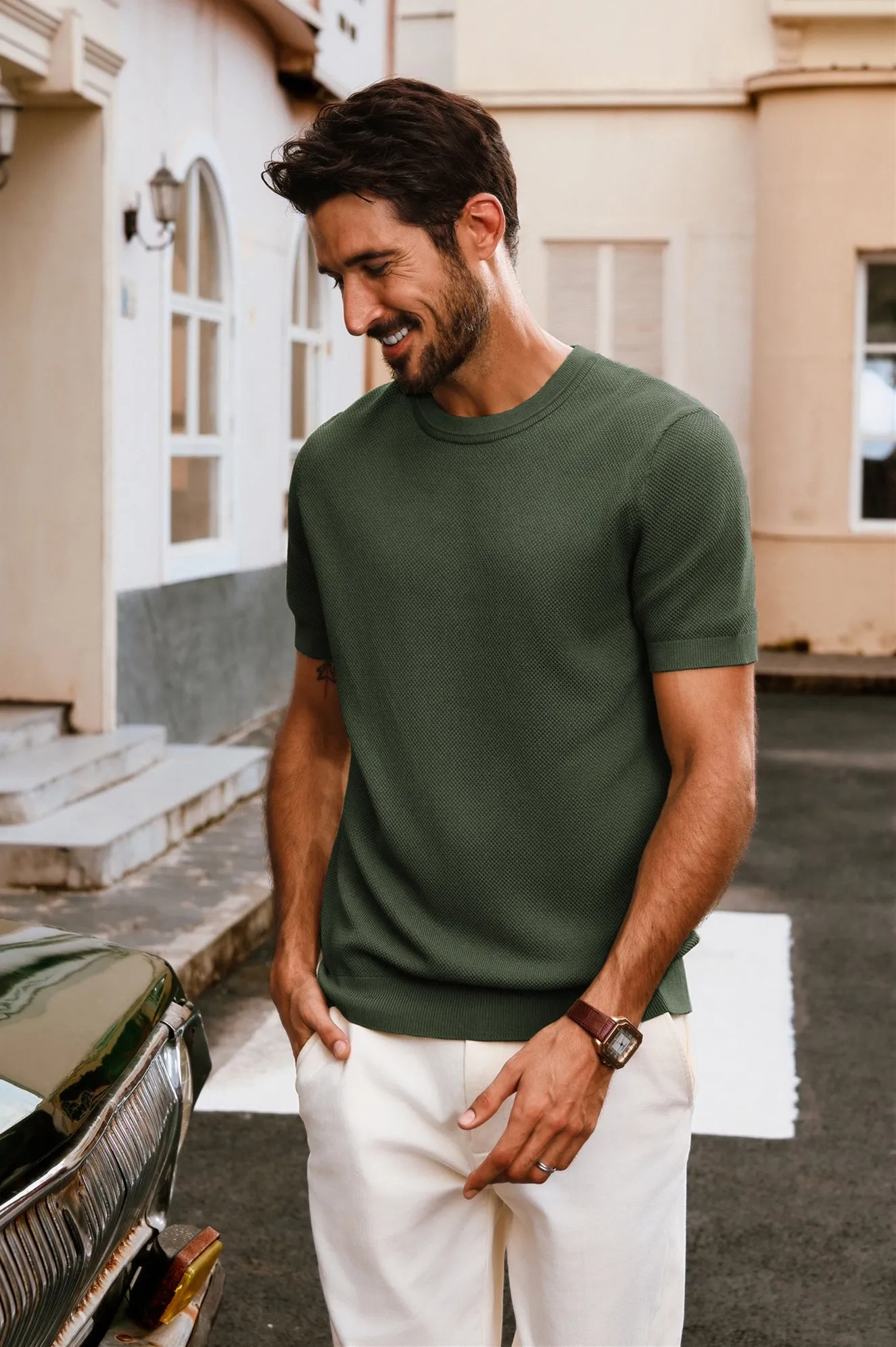 Men Textured Knitted T-Shirt Short Sleeve Crew Neck Ribbed Cuff Tops Knitwear