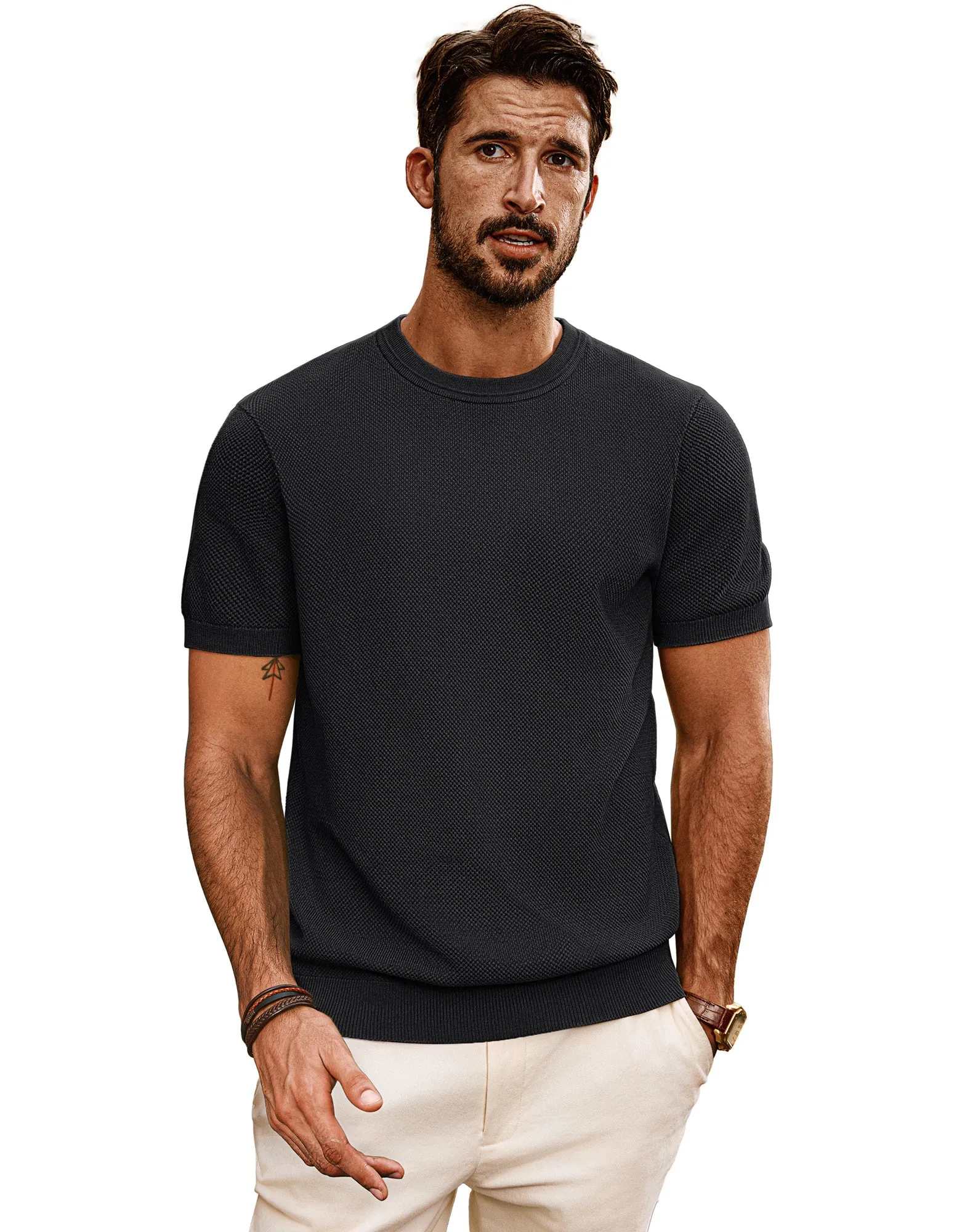 Men Textured Knitted T-Shirt Short Sleeve Crew Neck Ribbed Cuff Tops Knitwear