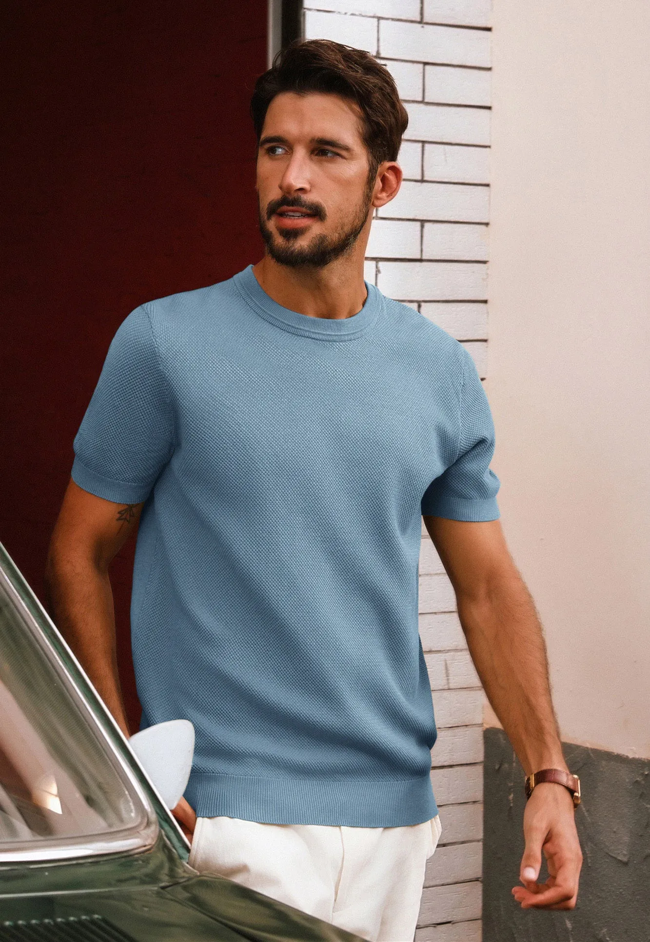 Men Textured Knitted T-Shirt Short Sleeve Crew Neck Ribbed Cuff Tops Knitwear