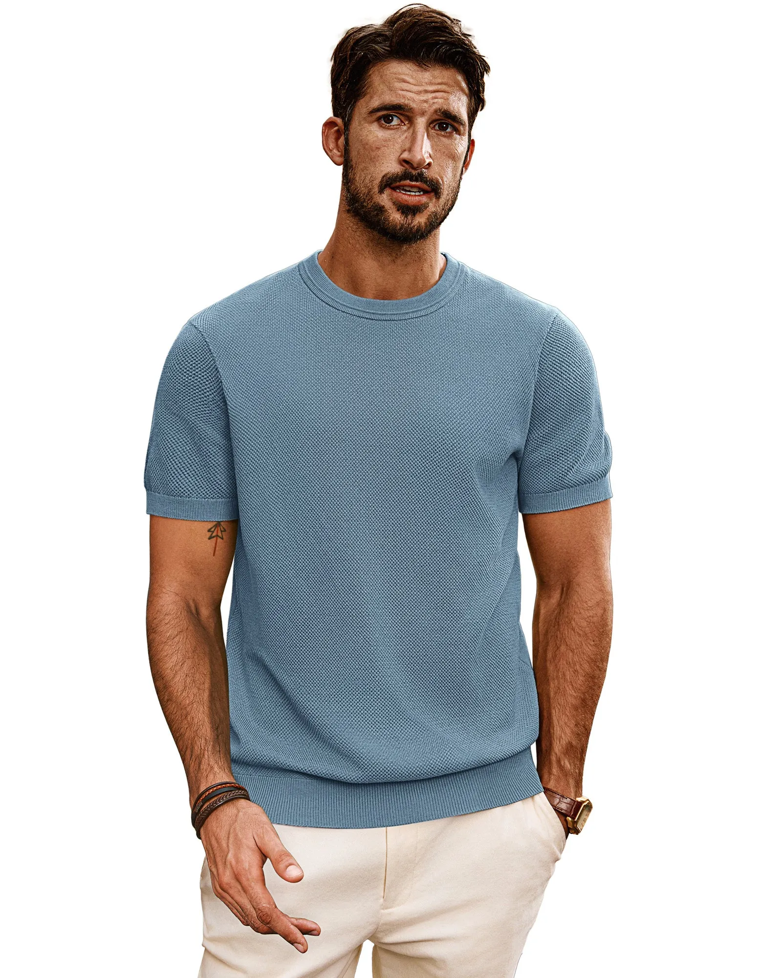 Men Textured Knitted T-Shirt Short Sleeve Crew Neck Ribbed Cuff Tops Knitwear