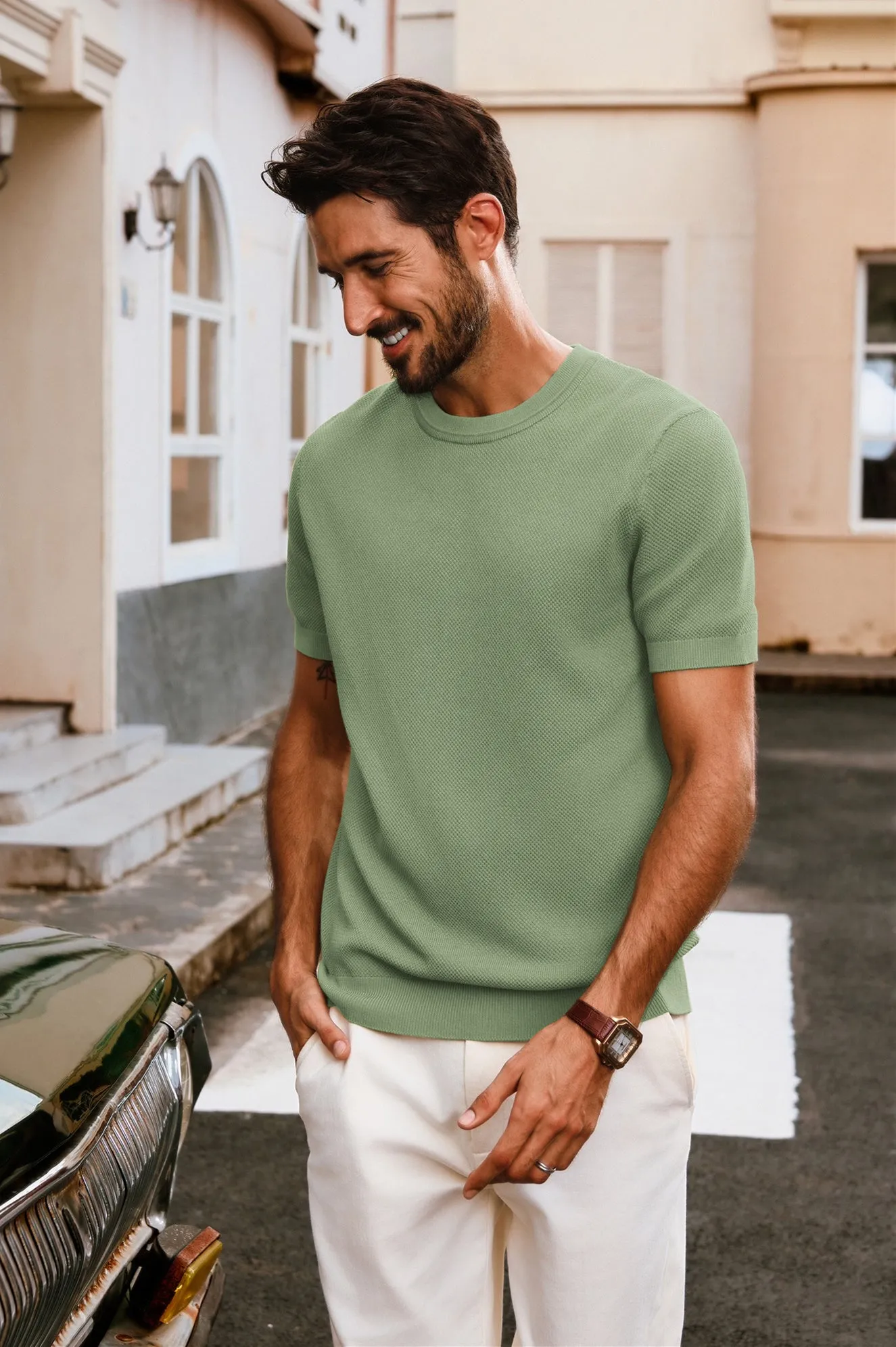 Men Textured Knitted T-Shirt Short Sleeve Crew Neck Ribbed Cuff Tops Knitwear