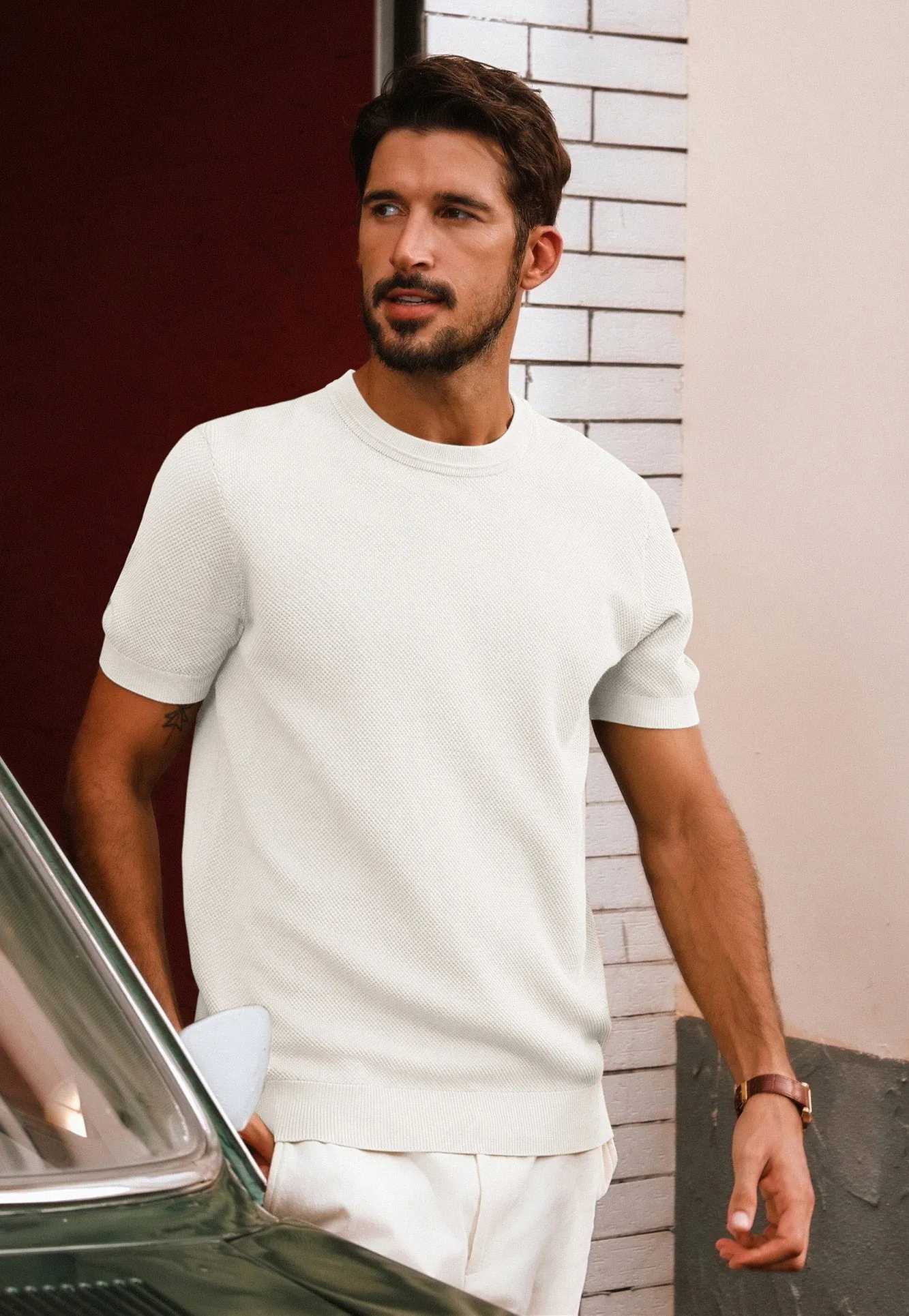 Men Textured Knitted T-Shirt Short Sleeve Crew Neck Ribbed Cuff Tops Knitwear