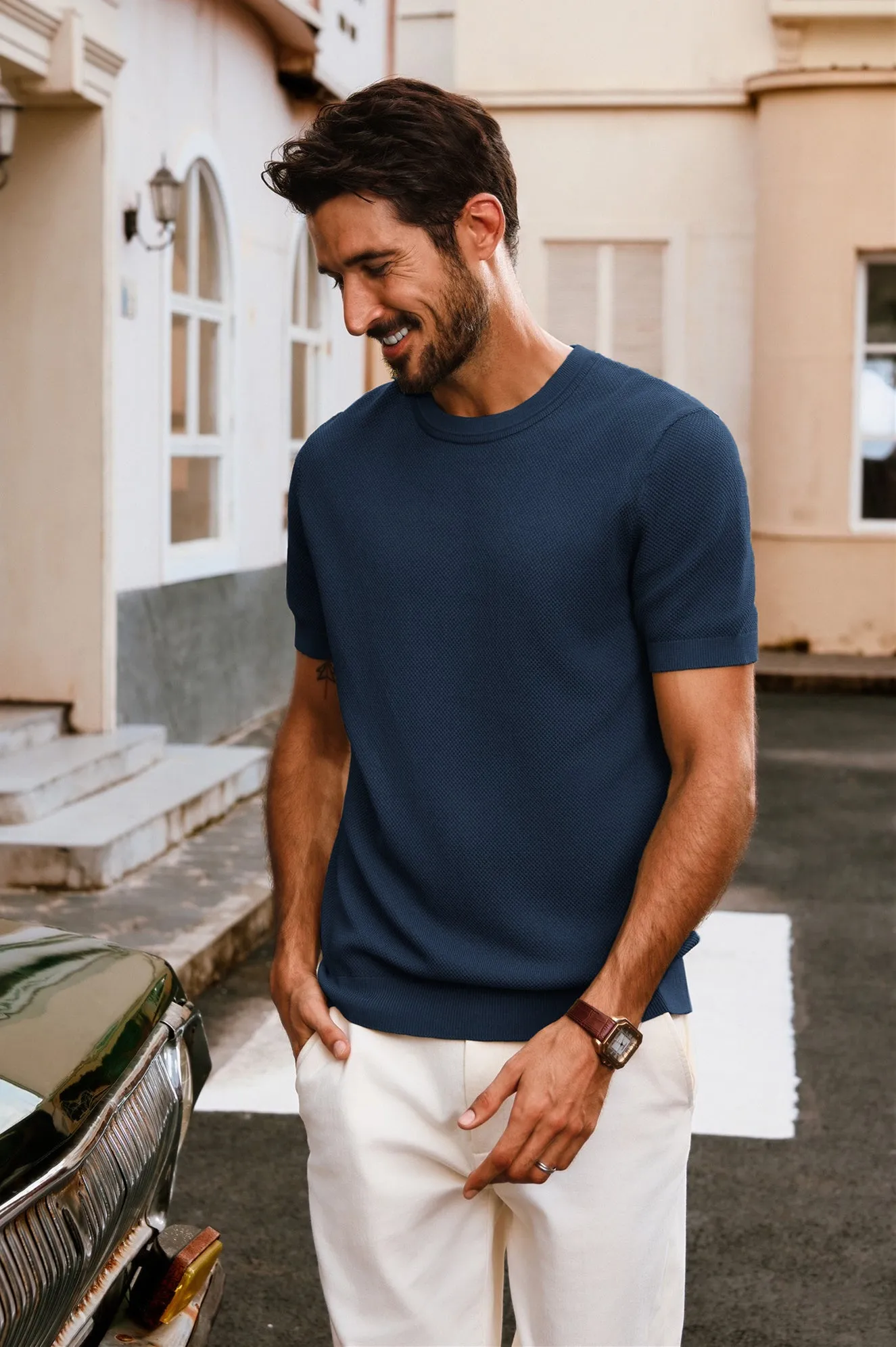 Men Textured Knitted T-Shirt Short Sleeve Crew Neck Ribbed Cuff Tops Knitwear