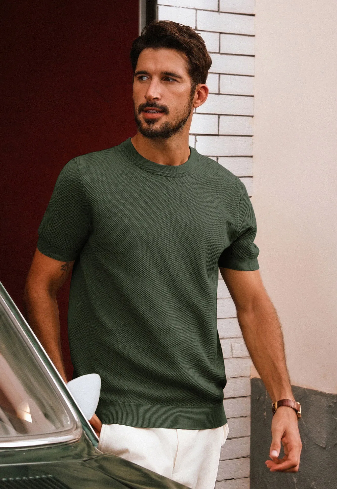 Men Textured Knitted T-Shirt Short Sleeve Crew Neck Ribbed Cuff Tops Knitwear