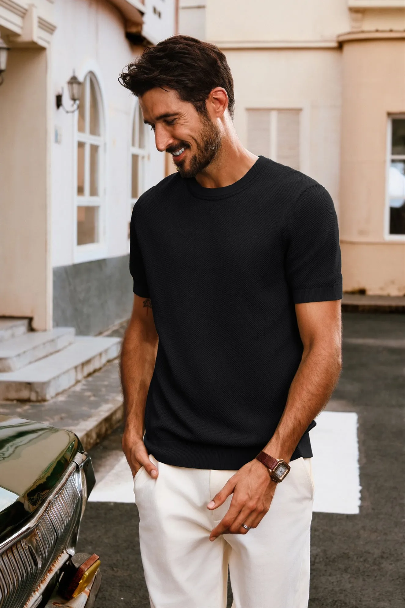 Men Textured Knitted T-Shirt Short Sleeve Crew Neck Ribbed Cuff Tops Knitwear