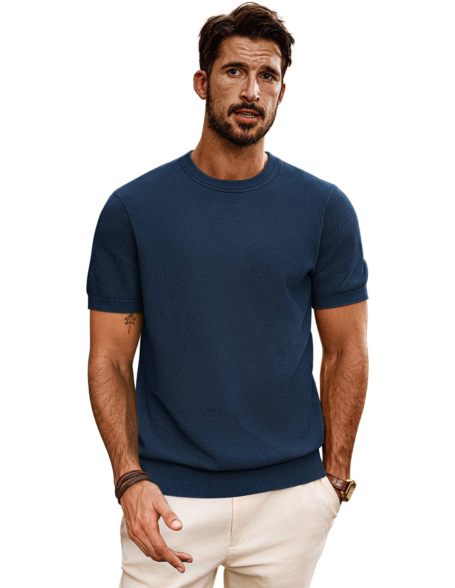 Men Textured Knitted T-Shirt Short Sleeve Crew Neck Ribbed Cuff Tops Knitwear